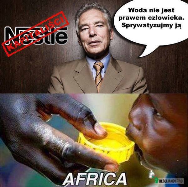 Nestle – Obecny przewodniczący i były prezes Nestlé, największego producenta artykułów spożywczych na świecie, uważa, że odpowiedzią na globalne problemy z wodą jest jej prywatyzacja. Jest to oświadczenie na piśmie, tej wspaniałej firmy, która handlowała fast foodami w Amazonii, zainwestowała pieniądze w celu udaremnienia etykietowania produktów zawierających GMO, ma niepokojącą etykę związaną z produktami dla niemowląt i wdrożyła cyber armię by monitorowała internet pod kontem krytycznych dyskusji na jej temat w mediach społecznościowych.

To jest najwyraźniej firma, której powinniśmy ufać przy zarządzaniu naszą wodą, pomimo faktów, że duże rozlewnie takie jak Nestlé są odpowiedzialne za tworzenie niedoborów:
Duże międzynarodowe firmy produkujące napoje dostają zazwyczaj uprawnienia do wykonywania odwiertów (a nawet dostają ulgi podatkowe) w odróżnieniu do obywateli, ponieważ tworzenie nowych miejsc pracy, jest najwyraźniej bardziej istotne dla samorządów niż prawa dostępu do wody dla innych obywateli płacących podatki. Te firmy, takie jak Coca Cola i Nestle (które butelkują w podmiejskim ustępie wodnym w Michigan pod nazwą Poland Spring) wypompowały miliony litrów, pozostawiając społeczeństwo z problemami braków wody. 
