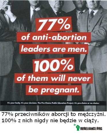 Przeciwnicy aborcji – 77% przeciwników aborcji to mężczyźni.
100% z nich nigdy nie będzie w ciąży. 