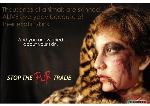 Skóra. – Każdego dnia tysiące egzotycznych zwierząt są obdzierane żywcem ze skóry.
A ty się martwisz o swoja skórę.

Zatrzymać handel futrami. 