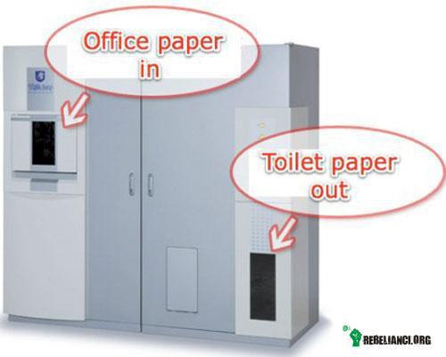 Ekologia w biurze. – Maszyna przetwarzająca makulaturę w papier toaletowy. Po prostu wkładamy 40 kartek i po 30 minutach otrzymujemy świeżą rolkę papieru toaletowego. 