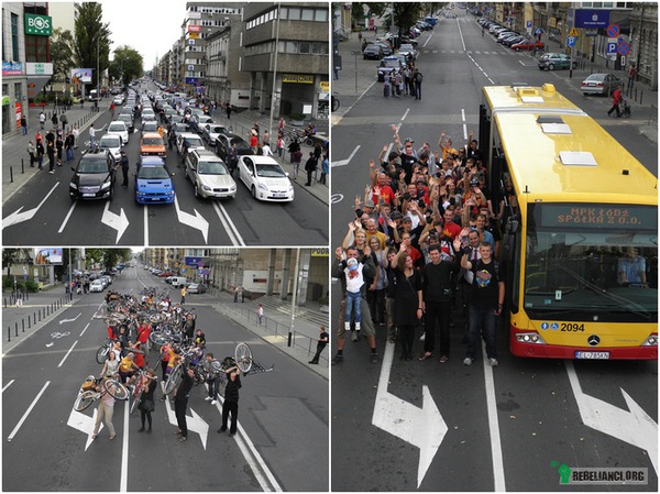 Porównanie 60 – Wszystkie trzy zdjęcia przedstawiają przestrzeń, jaką zajmuje w mieście sześćdziesięciu ludzi.

W pierwszym przypadku poruszają się oni samochodami.

W drugim rowerami.

W trzecim komunikacją miejską.

A teraz zadaj sobie pytanie: czy przestrzeń miejska powinna być dla ludzi, czy dla samochodów?

To, że na ulicach widać głownie samochody, nie oznacza, że porusza się nimi większość społeczeństwa. Jednym pasem autobusowym lub wydzielonym torowiskiem przejeżdża w godzinach szczytu więcej osób, niż pozostałymi dwoma lub trzema pasami. Jednak to samochody zawłaszczyły większość przestrzeni miejskiej.

Oddajmy miasta ludziom! W miejsce parkingów stwórzmy parki. Wyrzućmy rowerzystów z chodników, chodniki są dla pieszych. Niech rowerzyści mają swój pas na jezdni. Podporządkujmy sygnalizację świetlną komunikacji zbiorowej, tak aby stała się najszybszym środkiem transportu w mieście. 