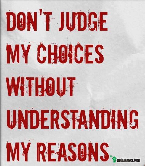 Nie oceniaj moich wyborów dopóki nie zrozumiesz moich powodów. –  