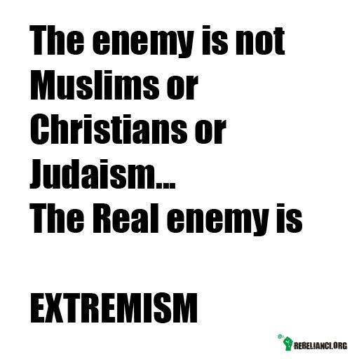 Wrogiem nie są Muzułmanie, Chrześcijanie czy Żydzi.Prawdziwy wróg to.. – Ekstremizm (z łaciny extremus – krańcowy), propagowanie i realizowanie skrajnych ideologii i poglądów politycznych, ekonomicznych, społecznych i religijnych, wprowadzanych w życie za pomocą radykalnych środków (np. przemoc, terror, pucz itp.). Ze względu na głoszone poglądy polityczne wyróżnia się ekstremizm lewicowy i prawicowy. Ujawnił się m.in. w ideologii komunistycznej, faszystowskiej, neofaszystowskiej itp. 