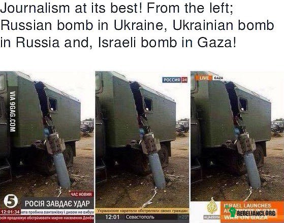Dezinformacja – Przykład medialnego prania mózgu. Od lewej – rosyjska bomba na Ukrainie, ukraińska bomba w Rosji oraz... izraelska bomba w Gazie. 