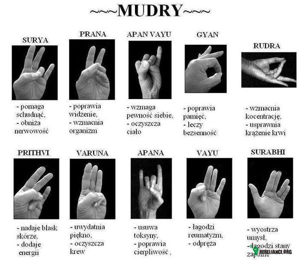 Mudry – Mudry to po prostu odpowiednie układy dłoni biorące pod uwagę polaryzację i przepływ energii w naszym ciele. Mogą być stosowane w czasie medytacji, ale również codziennych zajęć. 