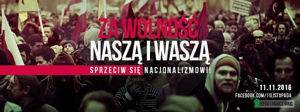 Sprzeciw się nacjonalizmowi - za wolność naszą i waszą – Każdego roku 11 listopada nacjonaliści przechodzą ulicami Warszawy.

Przez ostatnie lata obserwujemy wzrost skrajnie prawicowych tendencji w społeczeństwie. Nacjonaliści zawłaszczyli święto niepodległości, wykorzystując je do organizacji największej faszystowskiej demonstracji w Europie. Pojawiają się i organizują spotkania w szkołach, decydują, kto może uczestniczyć w uroczystościach państwowych, a kto nie.

Dotychczas nacjonaliści kojarzeni byli z chuligańskimi incydentami z Marszu Niepodległości. Obecnie to już nie tylko prymitywni zadymiarze, wykrzykujący hasła o „białej Polsce” – teraz przywdziali garnitury i otwarcie współpracują z państwem.

Spotkajmy się 11 listopada i pokażmy, że nie ma naszej zgody na zawłaszczanie przestrzeni publicznej przez rasistowskie, seksistowskie i ksenofobiczne bojówki, a tym bardziej na dawanie przyzwolenia przez rząd na rozwój i promocję nacjonalistycznych ugrupowań!

Więcej szczegółów już wkrótce!
#antyfaszyzm
www.antyfaszyzm.pl
https://www.facebook.com/11Listopada.org/

Ulotki i wzór wlepek dostępny na stronie, zachęcamy do dodawania grafik na własne profile/strony, udostępniania wydarzenia i zapraszania znajomych! 